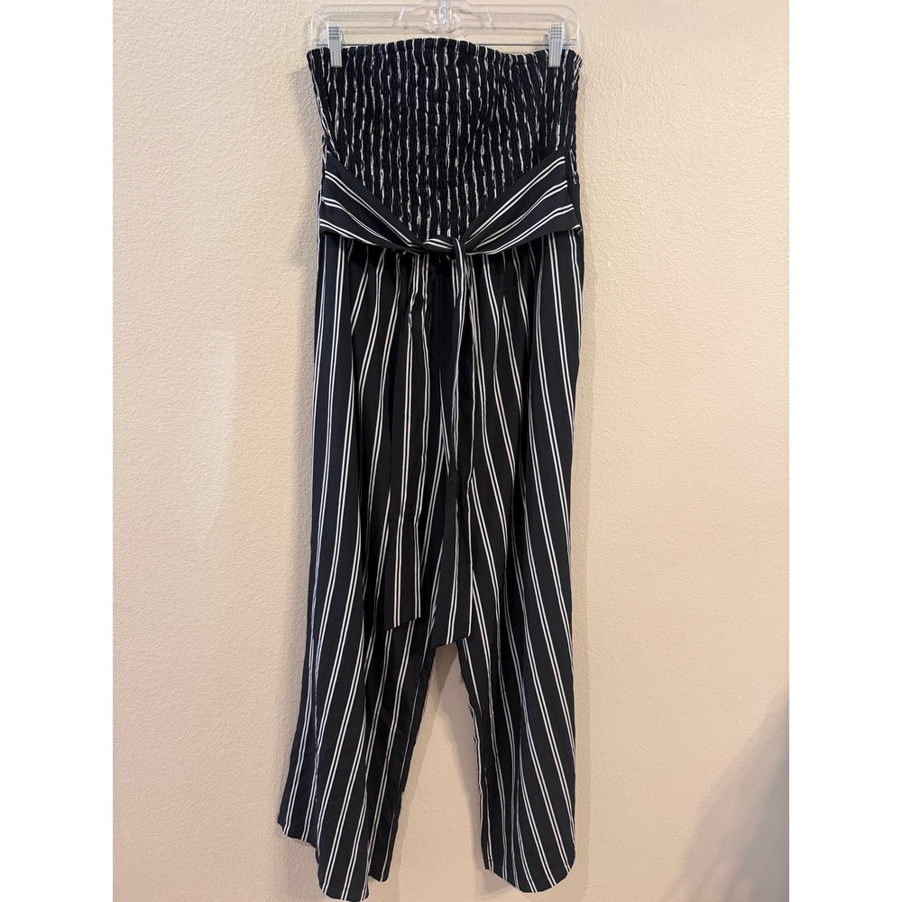 Shein Curve Black White Striped Smocked High Waist Wide Leg Pants 2XL